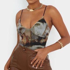 Nude Mesh Abstract Renaissance Print Bodysuit